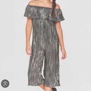 Art Class Shiny Silver stretchy Jumpsuit ruffle off Shoulder wide leg formal 7-8
